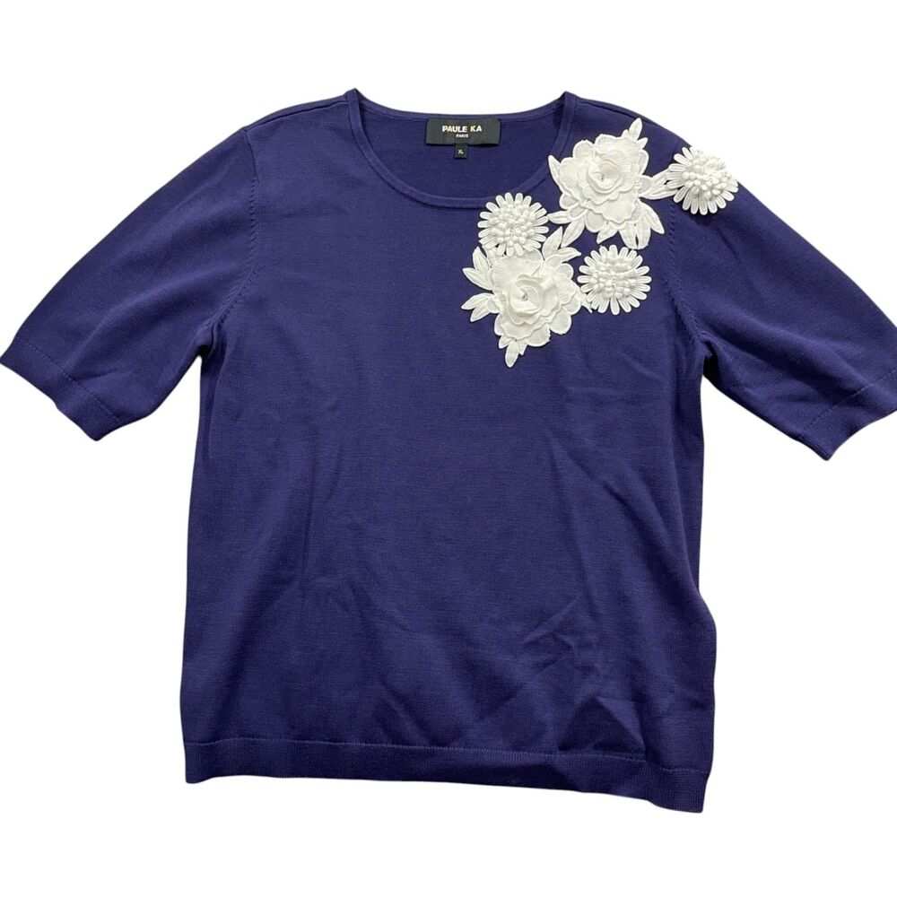 Paule Ka Paris‎ XL Blue White Floral Flowers Short Sleeve Sweater Rayon Blend